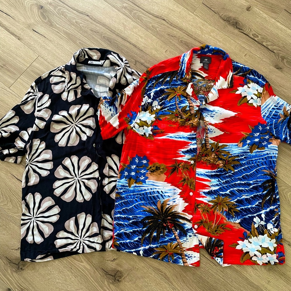 Bundle lot pair Hawaiian aloha camp shirts Zara H&M both L both 100% viscose
